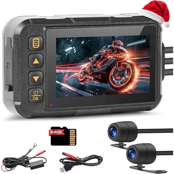 Motorcycle Dash Cam with 64GB Waterproof Dual Cameras